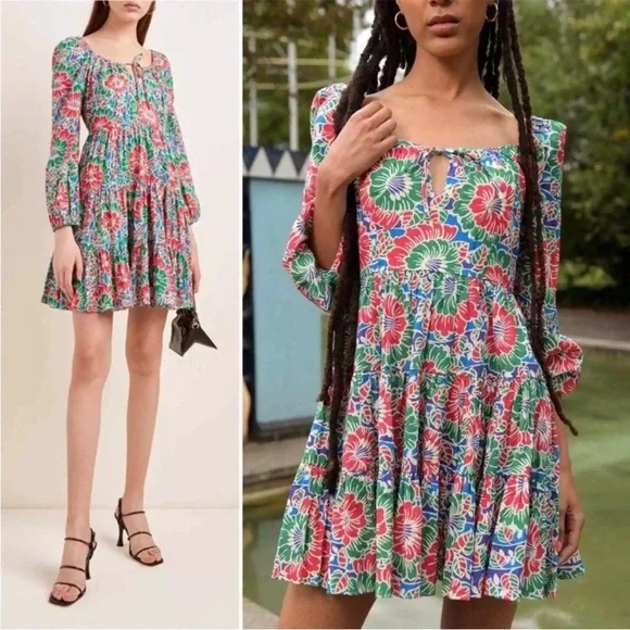 Rixo London Roxy Hibiscus Floral Long Sleeve Cotton Mini Dress, Medium - Picture 3 of 16